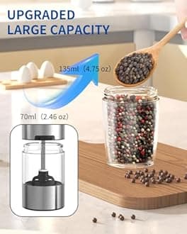 CIRCLE JOY Gravity Electric Pepper Grinder Battery Operated Pepper Mill Electric with White LED Light, Adjustable Coarseness, Washable 135ml Container, Silver