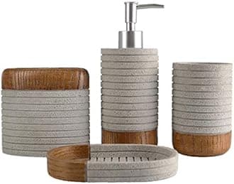 Hymmah Bathroom Accessories Set,Toothbrush Holder,Farmhouse Bathroom Decor,4 Pcs Resin Gift Set Apartment Necessities, Contain Toothbrush Cup,Soap Dispenser,Soap Dish,Tumbler (Cross Stripe Gray)