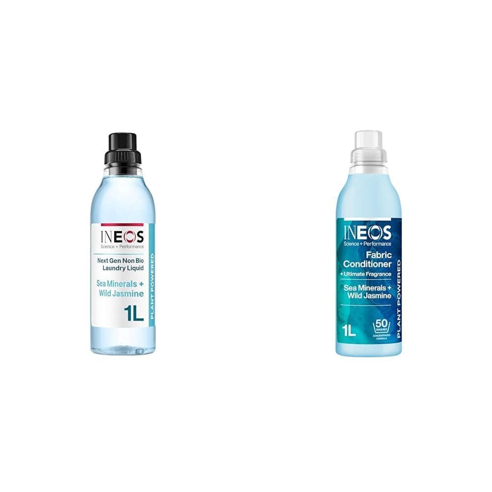 Next-Gen Laundry Bundle, Plant-Based Non-Bio Laundry Liquid Detergent & Fabric Conditioner, Sea Minerals + Wild Jasmine Scent, 33 Washes (1L) + 50 Washes (1L), Odour Removal