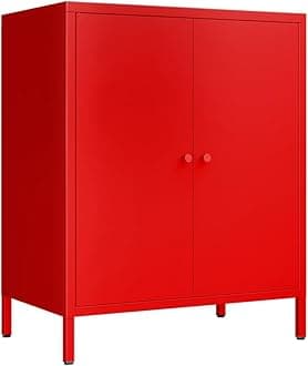 Small 2 Metal Storage Side Buffet Cabinet for Bed Room,Living Room,Entryway,Hallway,Home,Hotel,Office,Garage,Kitchen,1 Removable Shelf. (Metal Door, Red)