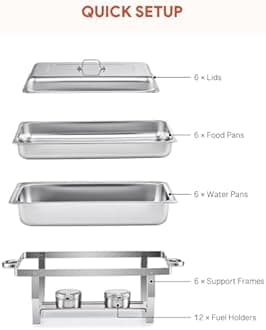 Wilprep Chafing Dishes Food Warmers with Pans Chafing Fuel Chafing Dish Set 9L Rectangular Stainless Steel Buffet Warmer 6 Packs for Buffets Caterings Parties Buffet Server Warming Tray