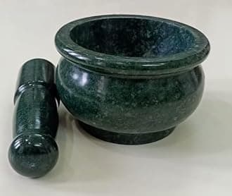 [Large] Rajasthan Art Green marble mortar and pestle set stone grinder/khara/khalbatta/imam Dasta/ohkli musal/idi kallu/khal musal/spice grinder/okhli masher for kitchen or home (5 x3 In,Green Polish)