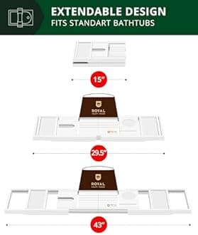 ROYAL CRAFT WOOD Luxury Bathtub Caddy Tray, 1 or 2 Person Bath and Bed Tray, Bath Tub Table Caddy with Extending Sides, Adjustable Organizer Tray for Bathroom - Free Soap Dish (White)