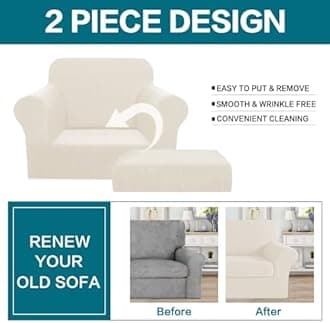 Turquoize 2 Piece Chair Covers Armchair Slipcovers for Living Room Small Armchair Chair Cover with Arms Washable Furniture Cover for Chairs Feature Thick Jacquard Fabric (Small Armchair, Cream)
