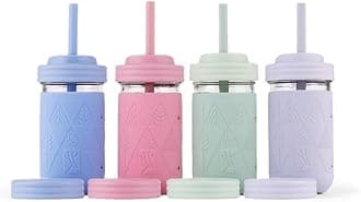 12oz Glass Kids + Toddler Drinking Cups | The Original Mason Jars with Lids + Sleeves + Straws | Smoothie Cups | Spill Resistant | Dishwasher Safe | 4 Pack