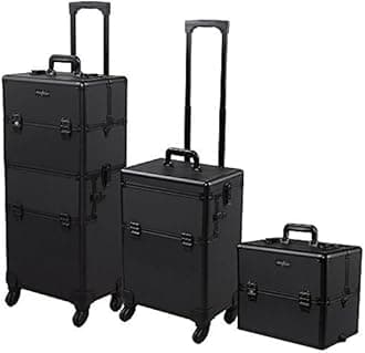 mefeir 2-In-1 Rolling Makeup Train Case Lift Handle,4 Removable Wheels+W/Extra Bottom Lid+Shoulder Strap+Mirror,Lockable Travel Cosmetic Trolley Cart Artist Beauty Salon Organizer