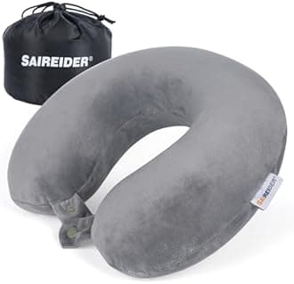 SAIREIDER Travel Pillows for Sleeping Airplane 100% Pure Memory Foam Neck Pillow for Airplanes Washable Cover with Storage Bag (Grey)