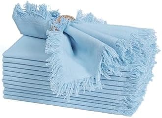 Bedding Craft Cotton Cloth Dinner Napkins Set of 12 – 18x18 Airy Blue with Fringed Corners – Machine Washable Fabric Napkins for Weddings, Baby Showers, Parties & Table Décor