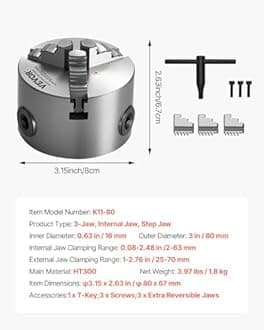 VEVOR 3-Jaw Lathe Chuck, 3 Inch (80 mm), Self-Centering Chuck, 0.08-2.48 in (2-63 mm) Clamping Range with T-Key Fixing Screws Reversible Jaws, HT300 Material, Internal External for Wood Metal Lathe