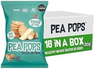 Food Factor Pea Pops Healthy Protein Chips - Delicious Chikpea Crisps 19% Protein Less Fat, Low Calorie, Gluten Free, Veggie Protein Snacks, Popped (Not Fried) 23g (Cheddar & Onion, Pack of 18)