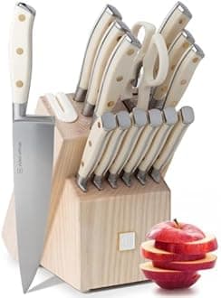 Styled Settings White Knife Set with Block and Sharpener – 14-Piece Ultra-Sharp High Carbon Stainless Steel Knives with Gold Triple Rivet White Handles and Ashwood Knife Block