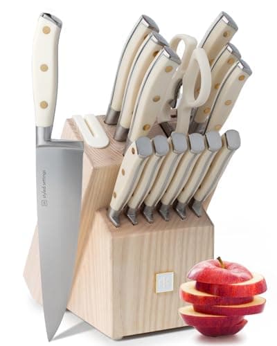 Styled Settings White Knife Set with Block and Sharpener – 14-Piece Ultra-Sharp High Carbon Stainless Steel Knives with Gold Triple Rivet White Handles and Ashwood Knife Block