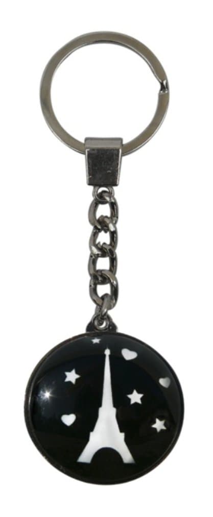 Key Ring/Chain - "Eiffel Tower" Design - White on Black w/Hearts & Stars