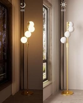 Lightdot 64IN Dimmable (Brightness Adjustable) Globe Floor Lamp, Gold Standing Lamps with 4PCS 3000K G9 Bulbs Soft Warm White Eye Care, Mid Century Modern Floor Lamp for Living Room