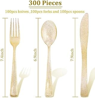 Supernal 300pcs Gold Glitter Plastic Cutlery Disposable Utensils Gold Plastic Silverware Sets Include 100 Forks, 100 Spoons & 100 Knives Serves for 100 Guests Suitable for Party,Thanksgiving