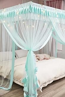 Mengersi Canopy Bed Curtains Full Size,Bed Canopy Royal Luxurious Cozy Drape Netting - Cute Princess Bedroom Decoration Accessories (Sky Blue)