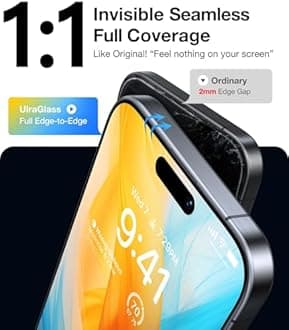 UltraGlass Top 9H+ Glass for iPhone 15 Screen Protector [Military Grade Shatterproof & Longest Durable] Screen Protector 15 iPhone Tempered Glass Full Coverage, Auto Install, 2 Pack