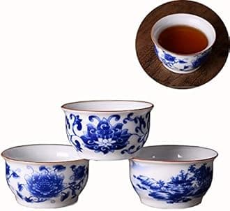 Chinese Handmade Kungfu Tea Cup 60 ml,Bone China Blue and White Tea Cups Set of 3,Ceramic Tea Mugs Without Handles,Best Gift