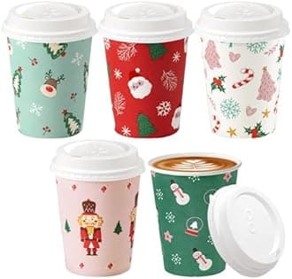 Fit Meal Prep 50 Pack 12 oz Christmas Disposable Coffee Cups with Lids, Premium Paper To Go Paper Cups, Leak Proof Hot Coffee Cups for Travel, Office, Hot/Cold Beverages (White Lids)