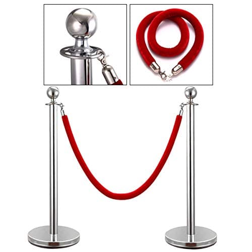 2 Pack Silver Ball Top Stainless Stanchion Posts Set Queue Safety Barrier with Red Velvet Ropes