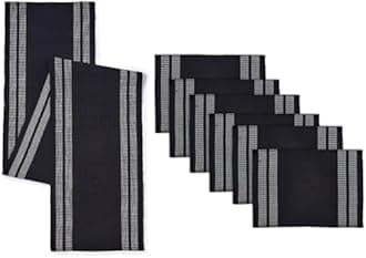 Encasa XO Table Runner and Placemats Set 6 | Fine Ribbed Cotton | Ladder Black | 1 Table Runner Size 13"x72" & Each Table Mat Size 19x13 Inch