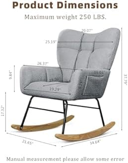 SoarFlash Nursery Rocking Chair Teddy Fabric Glider Chair Upholstered Rocker Accent Armchair with High Backrest and Solid Wood Legs for Nursery Bedroom Living Room Office(Grey)