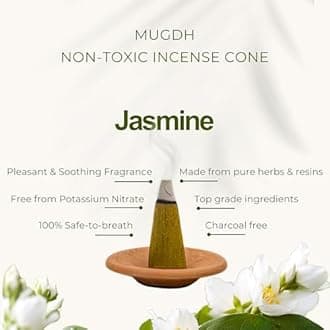 Mugdh Natural Incense Cones – Jasmine | Bambooless, Low Smoke, Charcoal Free Dhoop Cones | 80 Chameli dhoop batti | Free Cotton Potli & Dhoop Stand | Home Fragrance, Pooja & Meditation