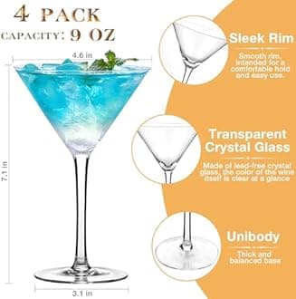 Martini Glass, Set of 4, 9 oz Crystal Cocktail Glass, Hand Blown Crystal Martini Glass, Espresso Martini, Cosmopolitan, Manhattan, Gimlet, Home Bar, Party, Martini Glassware Gift Set