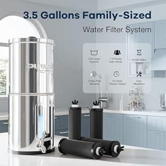 Purewell 3.5G Family-Sized Gravity Water Filter System, 3-Stage 0.01μm Ultra-Filtration Stainless Steel Countertop System with 4 Filters and Stand, Reduce 99% Chlorine, PW-3.5G