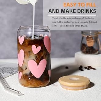 DWTS DANWEITESI Glass Cups with Lids and Straws with Design Pink Hearts 4 pcs,Clear Glass Cups 16 oz-Glass Tumbler,Cute Glass Iced Coffee Cups with Lids and Straws