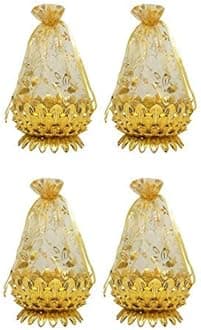 AASA Decorative Net Potli Baskets for Wedding Gift Basket for Packing Shagun Potli Bags for Return Gifts Pack of 1 (Golden, Set of 4Pcs)