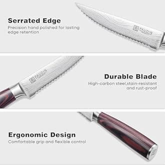 PAUDIN Steak Knives 4.5 Inch, Steak knives Set of 8, High Carbon Stainless Steel Steak Knife Set, Sharp Serrated Steak Knife with Pakkawood Handle, Kitchen Steak Knife Set with Gift Box