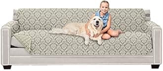 Sofa Shield Couch Slip Cover with Patented Strap, Cushion Protector, US Designed Reversible Stain and Dog Tear Resistant Slipcover, 88 inch Seat, Washable Covers for Dogs Pets, Damask Latte Ivory