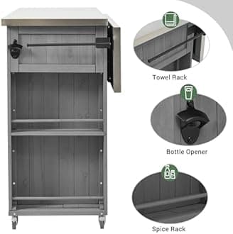 Outdoor Kitchen Island Fir Wood Kitchen Island with Stainless Steel Top,Ample Storage Space, Towel and Spice Racks and a Bottle Opener for Outdoor (Grey@53)