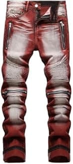 qcdyrxf Men's Ripped Jeans Slim Fit Stretch Skinny Jeans for Men Distressed Straight Leg Waist Red Pants