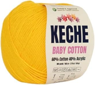 Keche Cotton Yarn, 60% Cotton 40% Acrylic Yarn, Soft Cotton Yarn for Crochet and Knitting, Amigurumi Yarn 1 Skein/Ball 1.76 Oz (50g) / 180 Yrds (165m) - Yellow