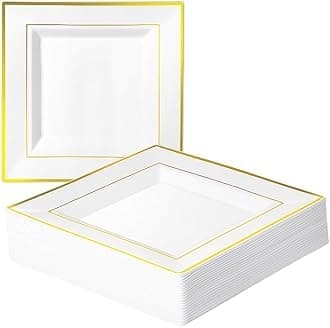 MATANA 60 Premium Square White Plastic Dessert Plates with Gold Rim, 16.5cm / 6.5 Inch - Reusable Small Side Plates, Starter Plates for Weddings, Birthdays, Picnic, BBQ, Parties