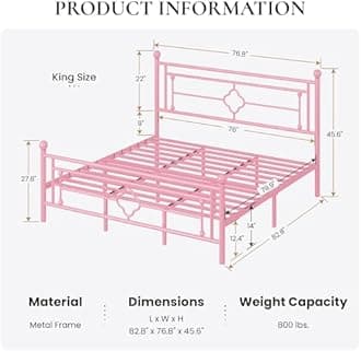 SHA CERLIN 14 Inches King Size Metal Platform Bed Frame/Vintage Iron-Art Headboard and Footboard/Mattress Foundation for Storage/No Box Spring Needed/Noise-Free/Easy Assembly/Pink