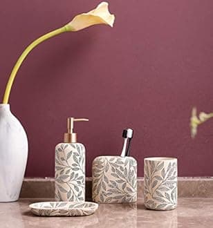 Hymmah Bathroom Accessories Set,Toothbrush Holder,Farmhouse Bathroom Decor,4 Pcs Resin Gift Set Apartment Necessities, Contain Toothbrush Cup,Soap Dispenser,Soap Dish,Tumbler