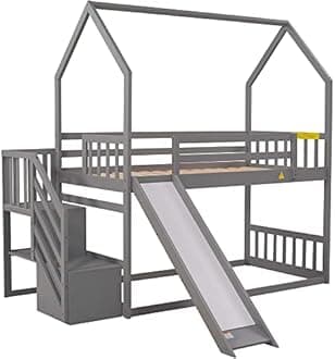 Twin Over Twin House Bunk Bed with Convertible Slide and Storage Staircase, Solid Wood Bunk Bed with Full-Length Guardrails for Kids Teens Boys Girls (Gray)
