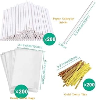 600PCS Cake Pop Sticks and Wrappers for Valentine's Day, Including 200pcs 6-inch Paper Lollipop Sticks, 200pcs Parcel Bags, 200pcs Gold Twist Ties for Lollipop, Candy, Chocolate, Marshmallows