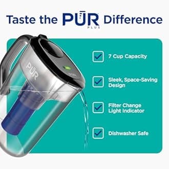 PUR PLUS 7-Cup Water Filter Pitcher with 1 Lead-Reducing PUR Plus Filter, Dishwasher Safe, Powerful Filtration, Filter Change Indicator Light, Smoke, PPT711B