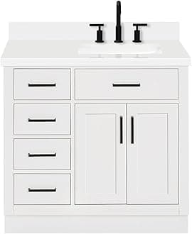 ARIEL Hepburn 37" White Bathroom Vanity with Sink, 1.5" Edge Quartz Countertop, Solid Wood, Right Rectangular Single Sink, 2 Soft Closing Doors, 5 Full Extension Dovetail Drawers, Toe Kick