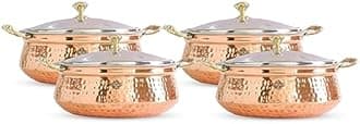 Indian Art Villa Steel Copper Hammered Design Handi/Bowl/Casserole with Toughened Glass Lid & Brass Knob & Handles, Volume-500 ml, Pack of 4