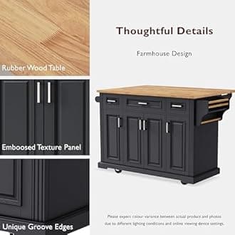 54inch Kitchen Island with 11.8" Drop Leaf, 4 Doors and 3 Deep Drawers, Embossed Texture Rolling Kitchen Cart on 4 Wheels, Moveable & Stationary Kitchen Island for Dining Room