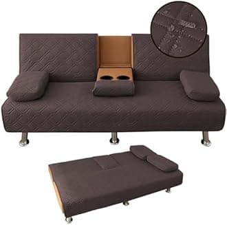 4-Piece Waterproof Click Clack Sofa Bed Cover - 3 Seater, Quilted Convertible Folding Futon Cover with 2 Removable Armrests and 1 Cup Holder (Dark Coffee)