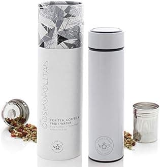 Teabloom All-Purpose Beverage Tumbler - 16 oz - 480 ml - Brushed Metal Insulated Water Bottle/Tea Flask/Cold Brew Coffee Mug - Extra-Fine Two-Way Infuser Travel Bottle - Pearl White