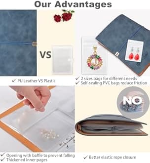 ChezMax Jewelry Organizer, Jewelry Storage Book with Pockets, Foldable Earrings Travel Album, PU Leather Accessories Holder Booklet for Necklace Rings (64 Grids+64 Anti-Oxidation PVC Bags) Haze Blue