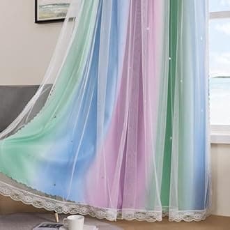 XiDi Blue & Rainbow Curtains for Bedroom & Kids Room - Blackout, Unicorn Wall Decals, 52X84 Inch Long, 1 Panel