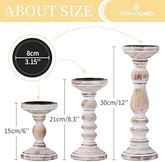 Candle Holder for Pillar Candles: Romadedi Set of 3 Decorative Wood Candlestick Holders, Rustic Wooden Candle Stand for Fireplace Mantle End Table Shelf in Farmhouse Style, Whitewashed 6”, 8.3”, 12”